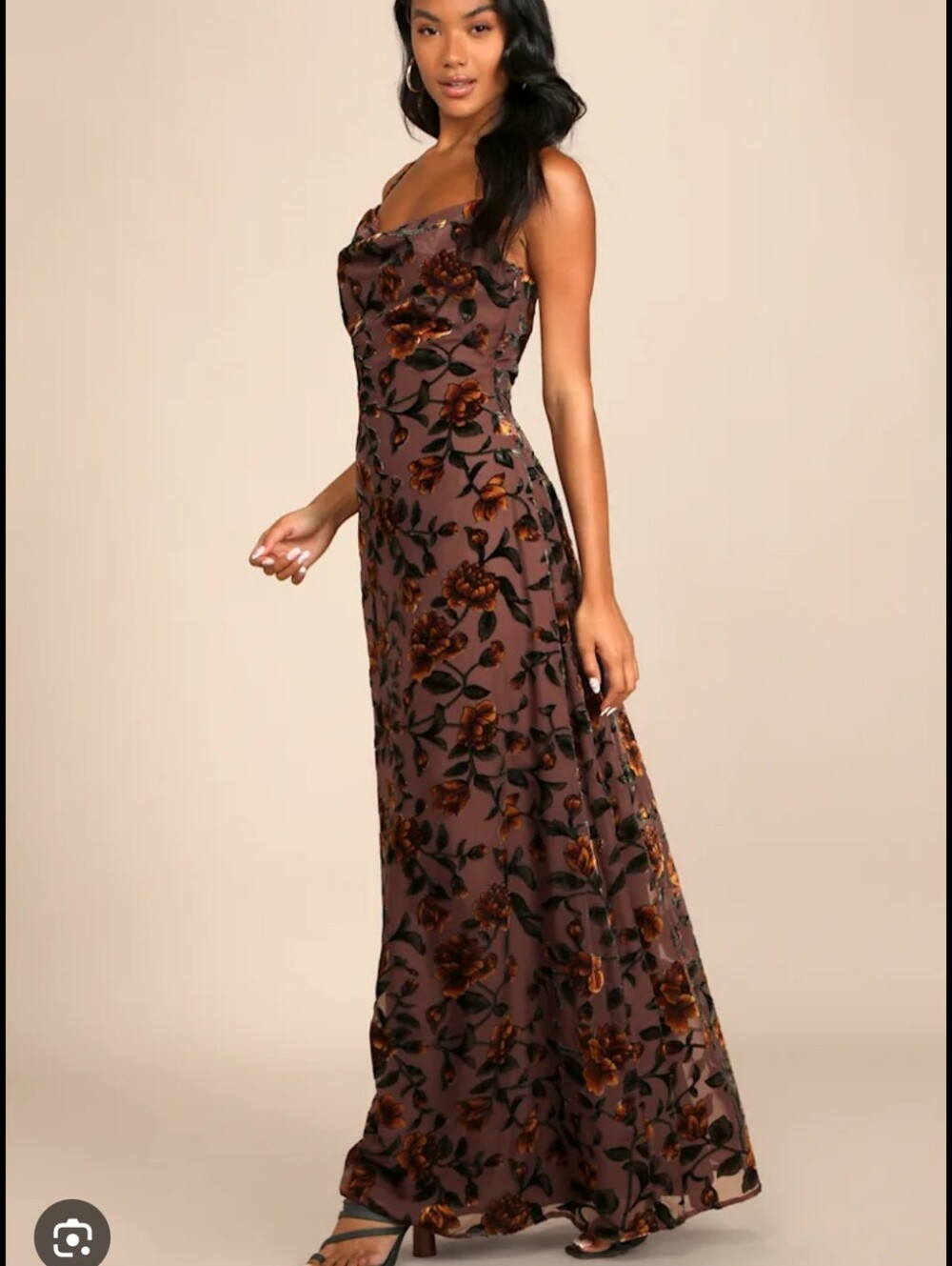 Lulu's Brown-Burgundy Velvet Floral Appliquรฉ Maxi Dress | Sz S